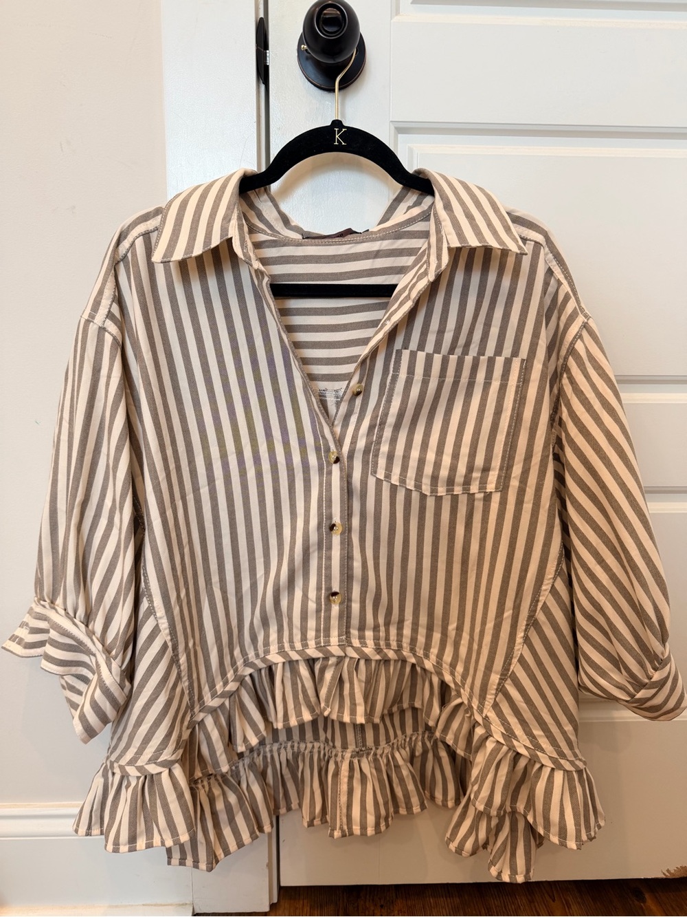 Striped Ruffle Button-Front Blouse in Beige & White